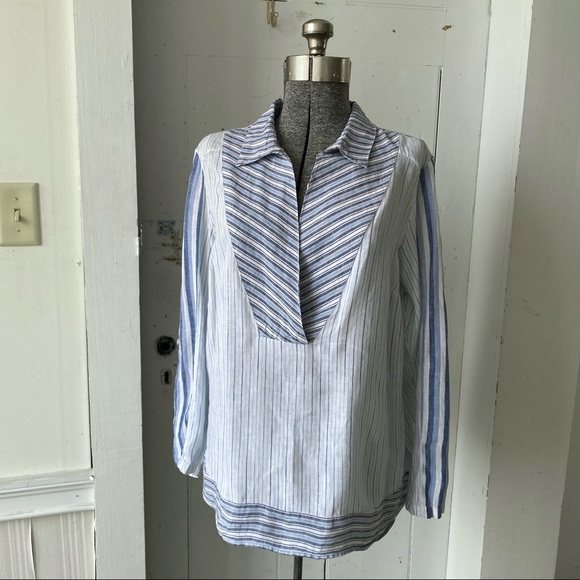 Coldwater Creek Linen Stripe Popover Blouse Roll Tab Sleeves - Picture 3 of 11